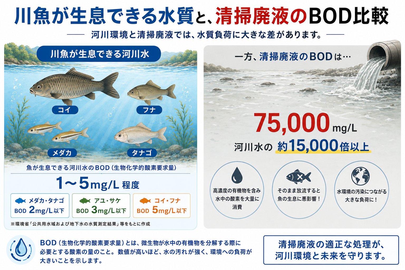 川魚が生息できる水質と清掃廃液のBOD比較画像